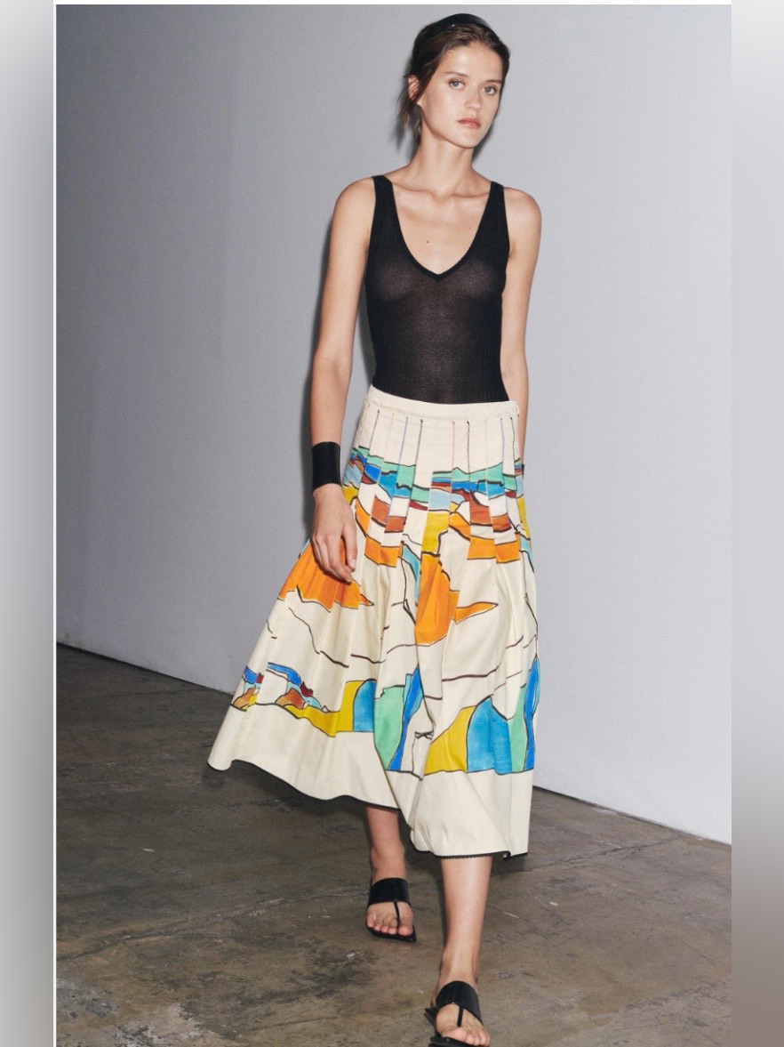 Nwt Zara Zw Collection Printed Pleated Midi Skirt In Cream Multicolor Abstract